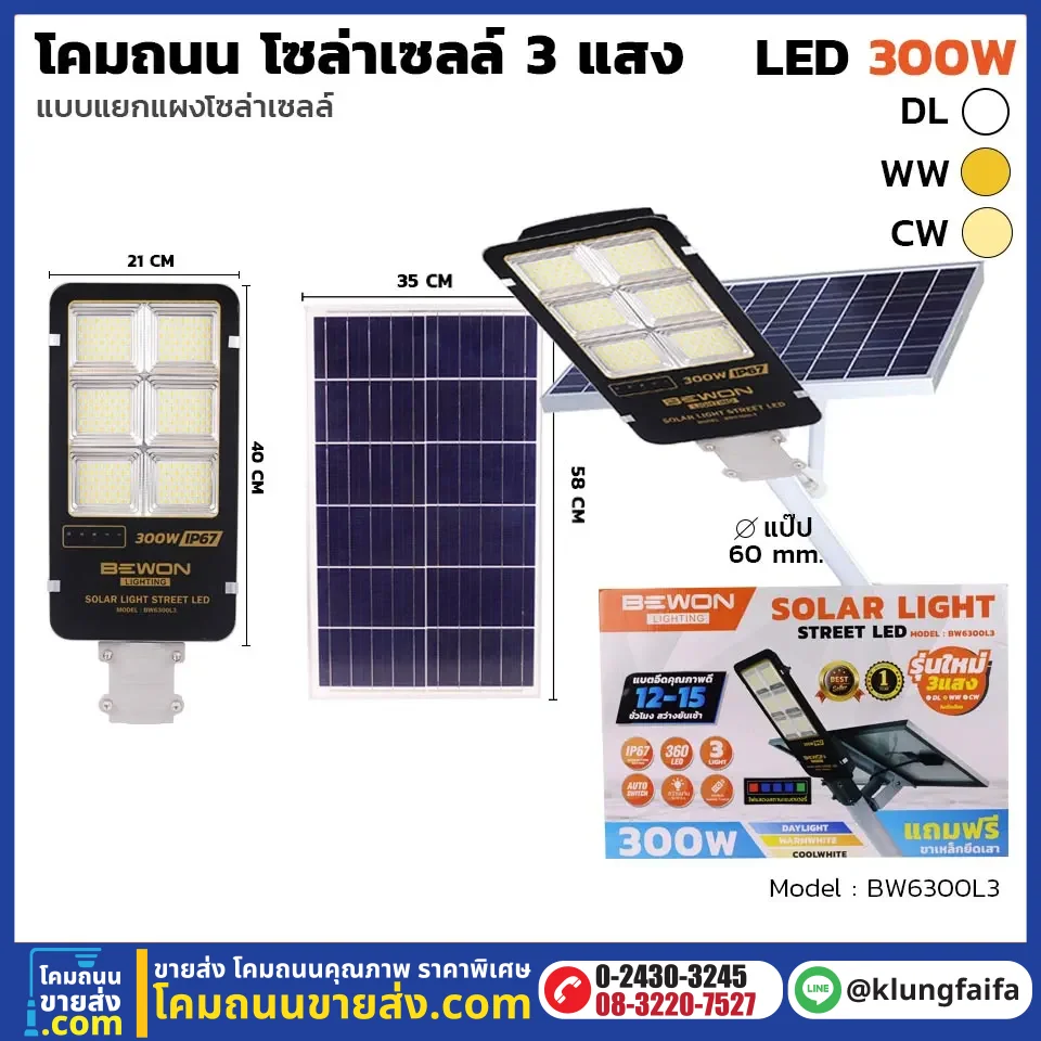 BEWON : โคมถนนโซล่าเซลล์แผงแยก 300W